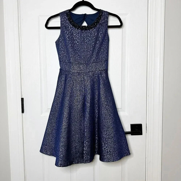 RARE EDITIONS Navy Blue‎ Metallic Embellished Collar Dress Girls Size 16 - Picture 1 of 7